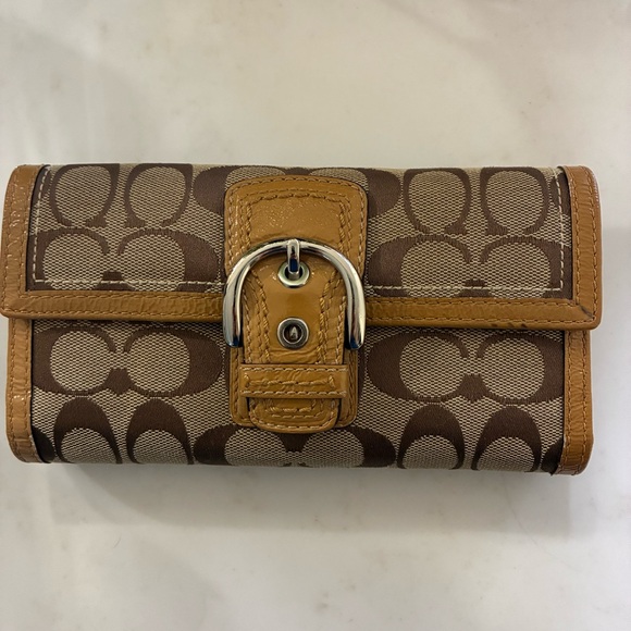 Coach Signature Brown and Tan Buckle Wallet - Picture 1 of 15